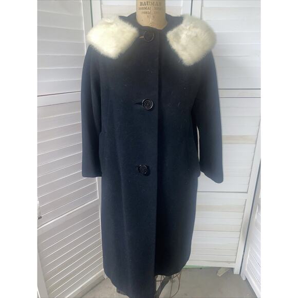 Vintage 50s 60s Godchanx’s Wool Coat Mink Fur Collar Midi Length Medium - Picture 1 of 10